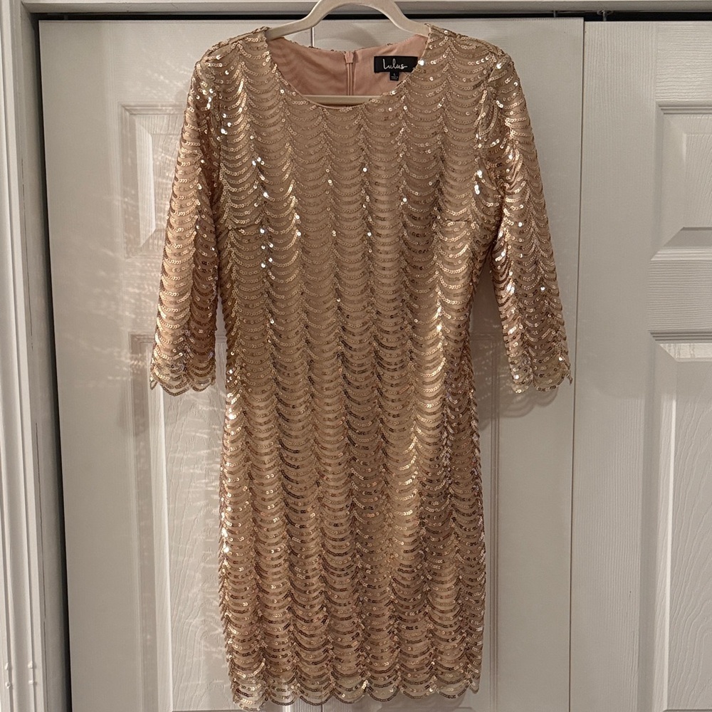 Lulu's Shimmering Gold Sequin 3/4 Sleeve Dress Size L